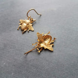 Gold Bumblebee Earrings, bee earring, large bee jewelry, big brass bee, honeybee earring, simple realistic bee earring, beekeeper gift, honey bee dangle
