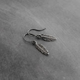 Gunmetal Feather Earrings, blackened silver feather, tiny feather earring, small gun metal feather, little feather dangle, simple feather, silvery black feather earring