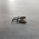 Gunmetal Feather Earrings, blackened silver feather, tiny feather earring, small gun metal feather, little feather dangle, simple feather, silvery black feather earring