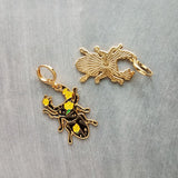 Black Beetle Earrings, stag horn beetle, beetle jewelry, gold huggie hoop, yellow flowers on beetle, insect jewelry, black enamel bug