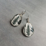 Fern Leaf Earrings, stainless steel fern earring, dark green leaves lever back earring, hypoallergenic earrings, snap shut earrings, silver tear drop earring, fern print under glass, glass teardrop, glass earrings