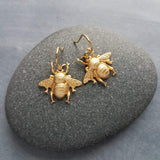 Gold Bumblebee Earrings, bee earring, large bee jewelry, big brass bee, honeybee earring, simple realistic bee earring, beekeeper gift, honey bee dangle