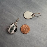 Fern Leaf Earrings, stainless steel fern earring, dark green leaves lever back earring, hypoallergenic earrings, snap shut earrings, silver tear drop earring, fern print under glass, glass teardrop, glass earrings