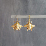 Gold Bumblebee Earrings, bee earring, large bee jewelry, big brass bee, honeybee earring, simple realistic bee earring, beekeeper gift, honey bee dangle