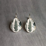 Fern Leaf Earrings, stainless steel fern earring, dark green leaves lever back earring, hypoallergenic earrings, snap shut earrings, silver tear drop earring, fern print under glass, glass teardrop, glass earrings