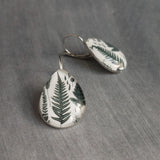 Fern Leaf Earrings, stainless steel fern earring, dark green leaves lever back earring, hypoallergenic earrings, snap shut earrings, silver tear drop earring, fern print under glass, glass teardrop, glass earrings