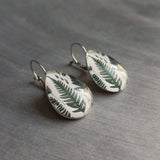 Fern Leaf Earrings, stainless steel fern earring, dark green leaves lever back earring, hypoallergenic earrings, snap shut earrings, silver tear drop earring, fern print under glass, glass teardrop, glass earrings
