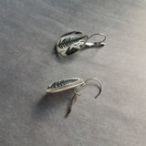 Fern Leaf Earrings, stainless steel fern earring, dark green leaves lever back earring, hypoallergenic earrings, snap shut earrings, silver tear drop earring, fern print under glass, glass teardrop, glass earrings