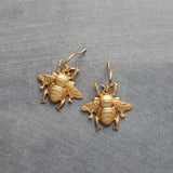 Gold Bumblebee Earrings, bee earring, large bee jewelry, big brass bee, honeybee earring, simple realistic bee earring, beekeeper gift, honey bee dangle