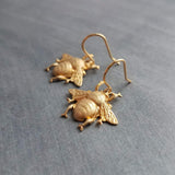 Gold Bumblebee Earrings, bee earring, large bee jewelry, big brass bee, honeybee earring, simple realistic bee earring, beekeeper gift, honey bee dangle