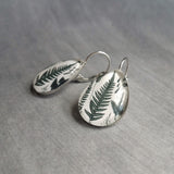 Fern Leaf Earrings, stainless steel fern earring, dark green leaves lever back earring, hypoallergenic earrings, snap shut earrings, silver tear drop earring, fern print under glass, glass teardrop, glass earrings