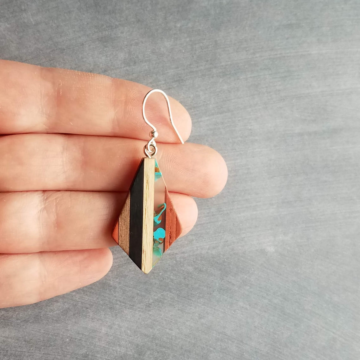 Wood Resin Stripe Earrings, natural wood strips, turquoise  display picture 1