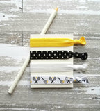 Tennis Hair Elastic Set, tennis ponytail holder, tennis hair band, tennis hair elastic, black yellow hair tie, polka dot hair set, accessory - Constant Baubling
