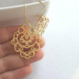 Gold Lace Earrings, gold hamsa earring, Arabesque earring, gold filigree earring, cut out earrings, large fancy gold earrings, Moroccan Boho - Constant Baubling