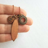 Long Copper Necklace - om mantra mindfulness symbol & vibration body harmony mandala, 30 inch antique copper chain, spiritual yoga jewelry - Constant Baubling