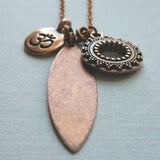 Long Copper Necklace - om mantra mindfulness symbol & vibration body harmony mandala, 30 inch antique copper chain, spiritual yoga jewelry - Constant Baubling