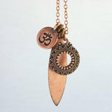 Long Copper Necklace - om mantra mindfulness symbol & vibration body harmony mandala, 30 inch antique copper chain, spiritual yoga jewelry - Constant Baubling