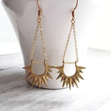 Gold Sun Earrings - sunburst shape, long delicate chain dangle, spear point earring, ray of sunshine earring, semicircle earring, dagger - Constant Baubling