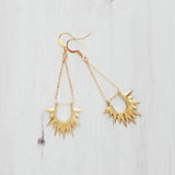 Gold Sun Earrings - sunburst shape, long delicate chain dangle, spear point earring, ray of sunshine earring, semicircle earring, dagger - Constant Baubling