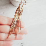 Chain Fringe Earrings, 14K gold fill hooks, long gold chain earring, flexible strands, gold tassel earring, flowing sexy earring v cut shape - Constant Baubling
