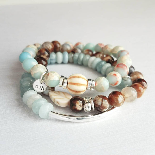 Stone Bracelet Set, silver stacking bracelets, blue Amazonite, gemstone bracelet, aqua terra jasper, African opal beads, crackle fire agate - Constant Baubling
