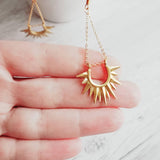 Gold Sun Earrings - sunburst shape, long delicate chain dangle, spear point earring, ray of sunshine earring, semicircle earring, dagger - Constant Baubling