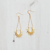 Gold Sun Earrings - sunburst shape, long delicate chain dangle, spear point earring, ray of sunshine earring, semicircle earring, dagger - Constant Baubling