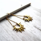 Gold Sun Earrings - sunburst shape, long delicate chain dangle, spear point earring, ray of sunshine earring, semicircle earring, dagger - Constant Baubling