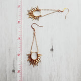 Gold Sun Earrings - sunburst shape, long delicate chain dangle, spear point earring, ray of sunshine earring, semicircle earring, dagger - Constant Baubling