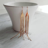 Chain Fringe Earrings, 14K gold fill hooks, long gold chain earring, flexible strands, gold tassel earring, flowing sexy earring v cut shape - Constant Baubling