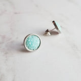 Mint Silver Earrings - light pale blue faux druzy stone round rough jagged bumpy rock - hypoallergenic stainless surgical steel posts drusy - Constant Baubling