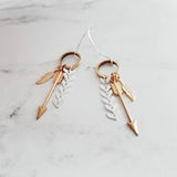 Gold and Silver Earrings, tribal earring, mixed metal earring, gold arrow earring, Boho earring, gold feather earring, long dangle earring - Constant Baubling