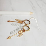 Gold and Silver Earrings, tribal earring, mixed metal earring, gold arrow earring, Boho earring, gold feather earring, long dangle earring - Constant Baubling