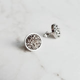 Silver Drusy Earrings, gunmetal earring, gunmetal stud, round stud earring, stainless steel studs, hypoallergenic earring grey stone earring - Constant Baubling