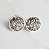 Silver Drusy Earrings, gunmetal earring, gunmetal stud, round stud earring, stainless steel studs, hypoallergenic earring grey stone earring - Constant Baubling
