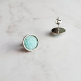 Mint Silver Earrings - light pale blue faux druzy stone round rough jagged bumpy rock - hypoallergenic stainless surgical steel posts drusy - Constant Baubling