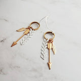Gold and Silver Earrings, tribal earring, mixed metal earring, gold arrow earring, Boho earring, gold feather earring, long dangle earring - Constant Baubling