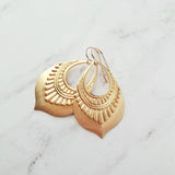 Gold Tribal Earrings, large medallion earring, 14K solid gold hook, gold teardrop earring, lightweight earring big gold earring boho earring - Constant Baubling