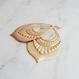 Gold Tribal Earrings, large medallion earring, 14K solid gold hook, gold teardrop earring, lightweight earring big gold earring boho earring - Constant Baubling