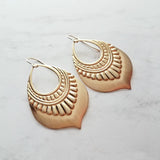 Gold Tribal Earrings, large medallion earring, 14K solid gold hook, gold teardrop earring, lightweight earring big gold earring boho earring - Constant Baubling