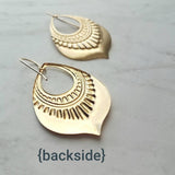 Gold Tribal Earrings, large medallion earring, 14K solid gold hook, gold teardrop earring, lightweight earring big gold earring boho earring - Constant Baubling