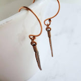 Copper Feather Earrings, long copper earring, narrow feather earring, antique copper feather, oxidized copper dangle, thin tribal boho - Constant Baubling
