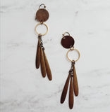 Long Boho Earrings, open circle earrings, 4 inch earrings, extra long earring, bronze disk earing, tribal dangles, antique brass earrings - Constant Baubling