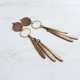 Long Boho Earrings, open circle earrings, 4 inch earrings, extra long earring, bronze disk earing, tribal dangles, antique brass earrings - Constant Baubling