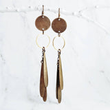 Long Boho Earrings, open circle earrings, 4 inch earrings, extra long earring, bronze disk earing, tribal dangles, antique brass earrings - Constant Baubling