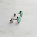 Peridot Green Stud Earrings - opalescent faux druzy stone - simple round rough jagged rock - tiny hypoallergenic stainless steel post drusy - Constant Baubling