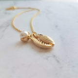 Gold Cowrie Shell Necklace - seashell necklace, cowrie necklace, pearl necklace, beach necklace, gold shell necklace, pearl pendant, charm - Constant Baubling
