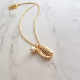 Gold Cowrie Shell Necklace - seashell necklace, cowrie necklace, pearl necklace, beach necklace, gold shell necklace, pearl pendant, charm - Constant Baubling