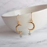 Gold Moon Earrings w/ tiny silver star dangle - lightweight hammered texture celestial crescent - 14K gold fill/plate or solid gold hooks - Constant Baubling