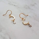 Gold Moon Earrings w/ tiny silver star dangle - lightweight hammered texture celestial crescent - 14K gold fill/plate or solid gold hooks - Constant Baubling